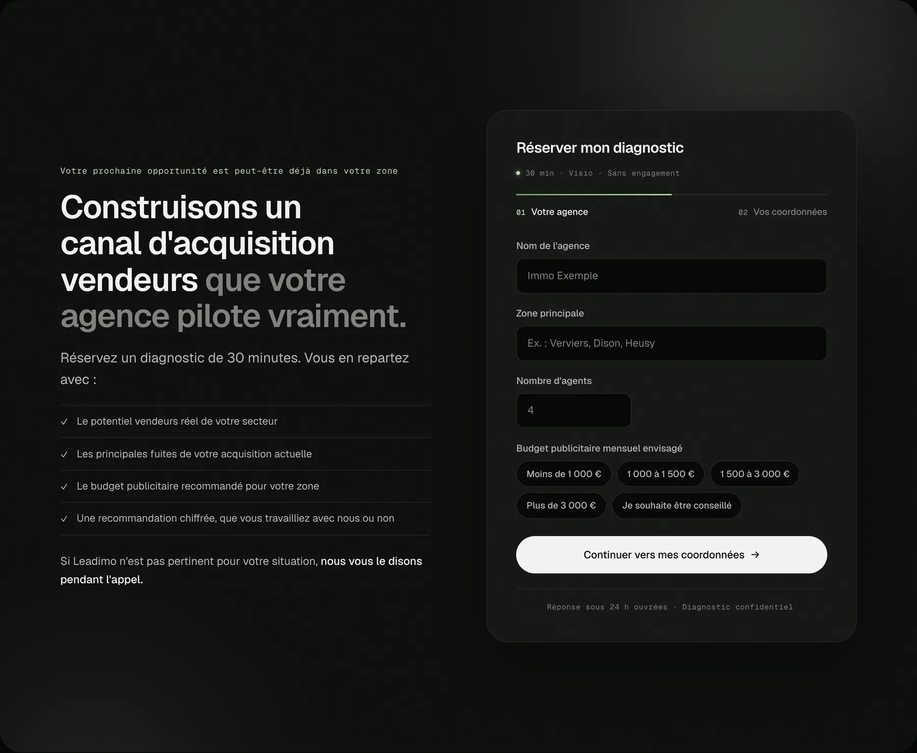 Dernière section : « Construisons un canal d'acquisition vendeurs que votre agence pilote vraiment. » et formulaire de réservation en deux étapes.