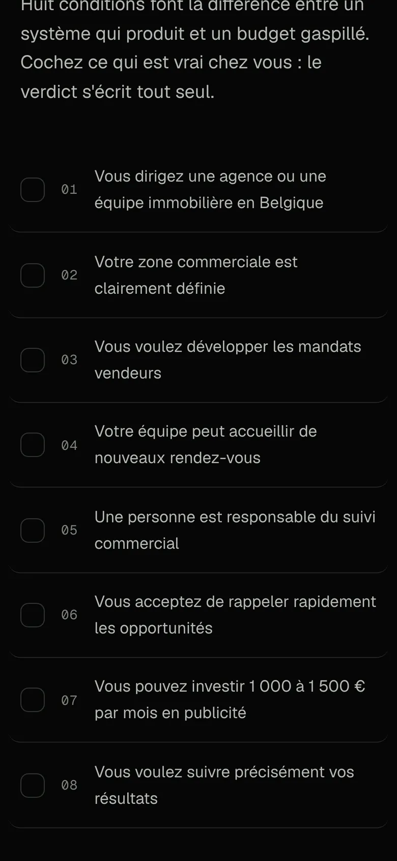 Test des huit conditions sur téléphone.
