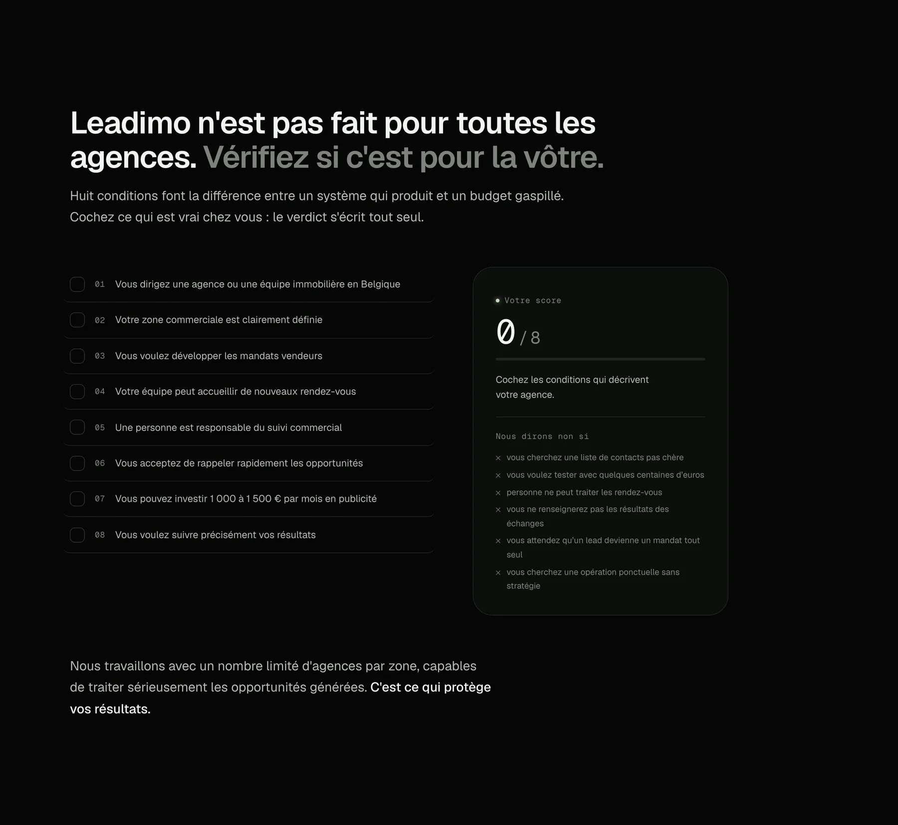 Section « Leadimo n'est pas fait pour toutes les agences », huit conditions à cocher et un score sur huit.