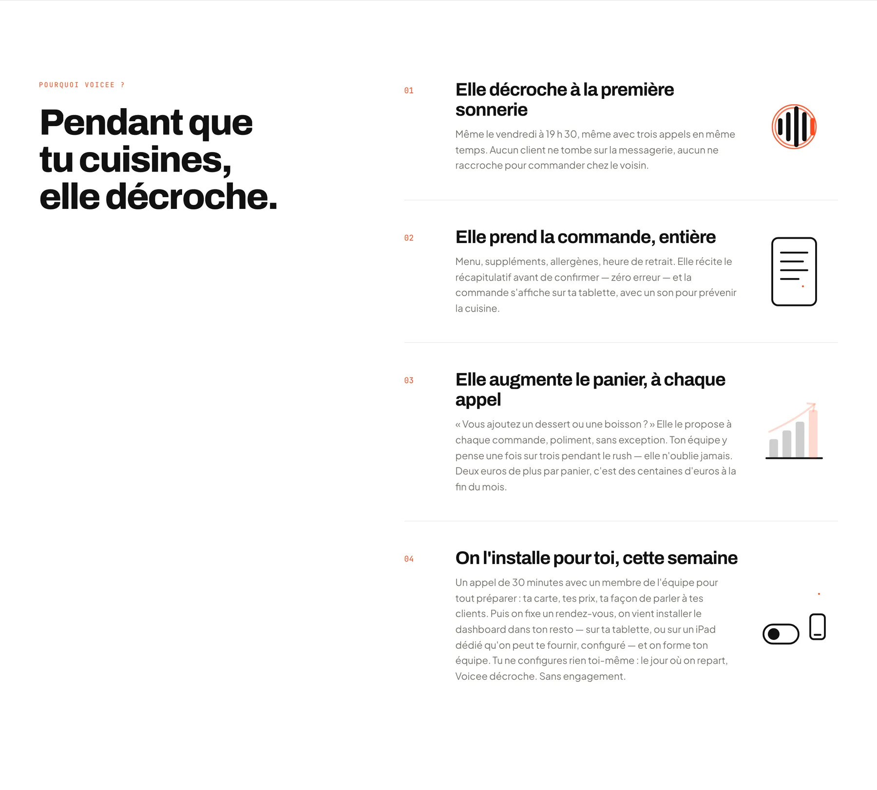Section « Pendant que tu cuisines, elle décroche. » et ses quatre bénéfices numérotés.
