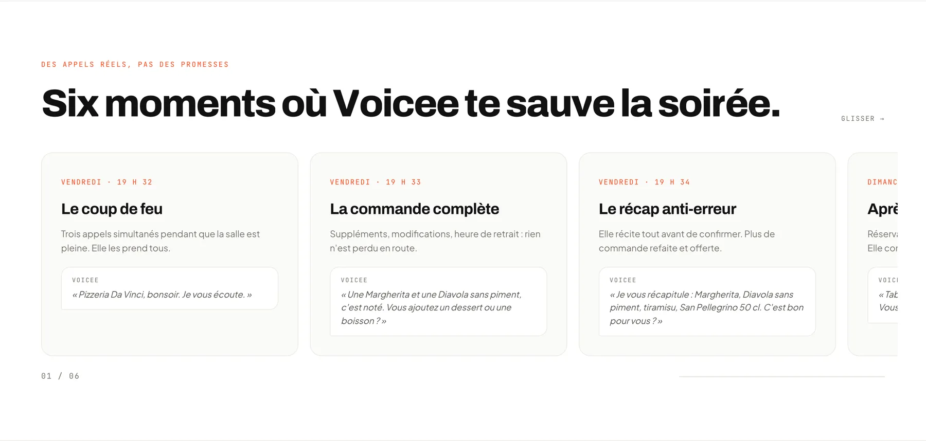 Cartes « Six moments où Voicee te sauve la soirée », avec l'heure et la phrase exacte de Voicee.