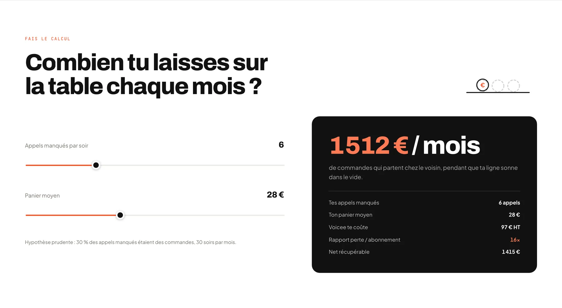 Calculateur « Combien tu laisses sur la table chaque mois ? » avec deux curseurs et le résultat en euros.