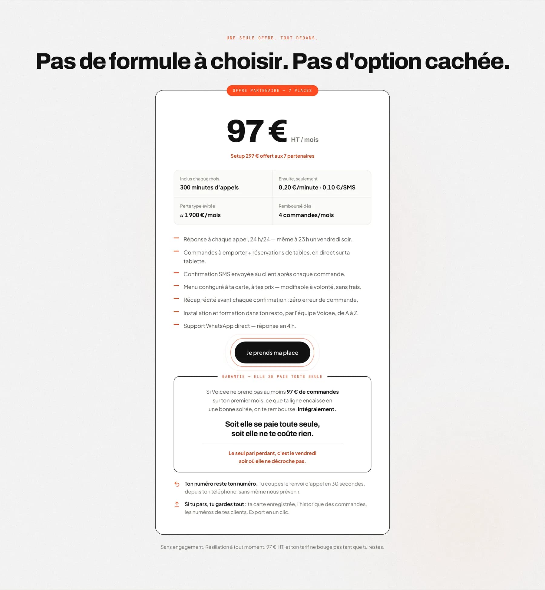 Carte de l'offre : 97 € HT par mois, inclus, garantie et conditions de sortie.