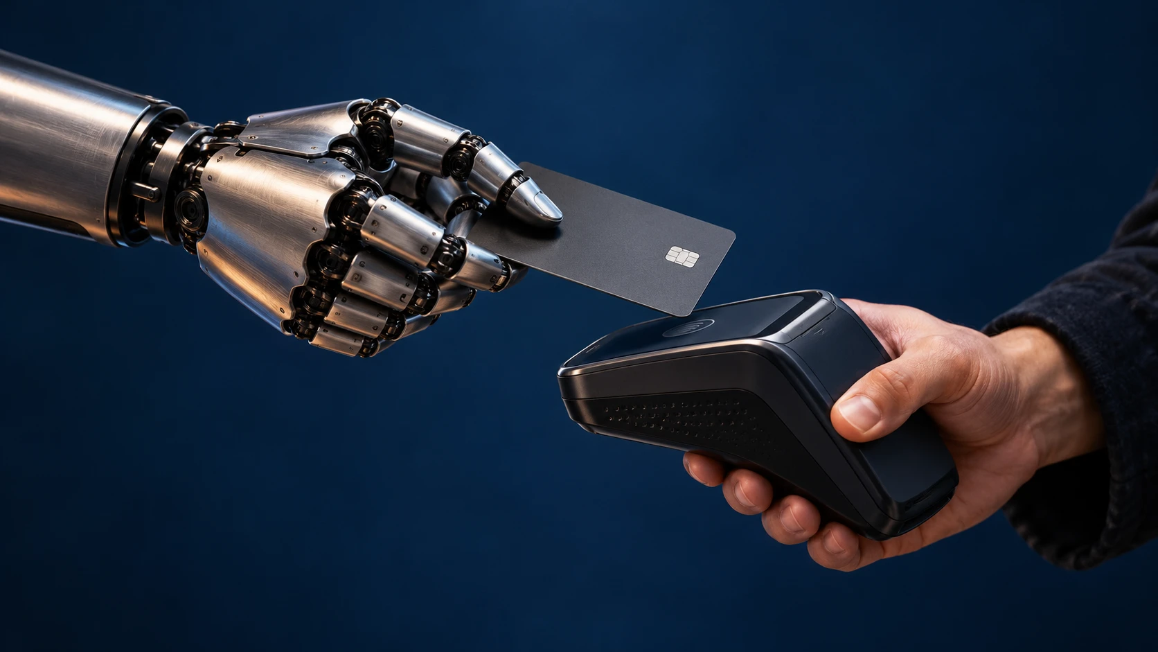 Une main de robot tend une carte bancaire vers un terminal de paiement tenu par une main humaine, sur fond bleu nuit.
