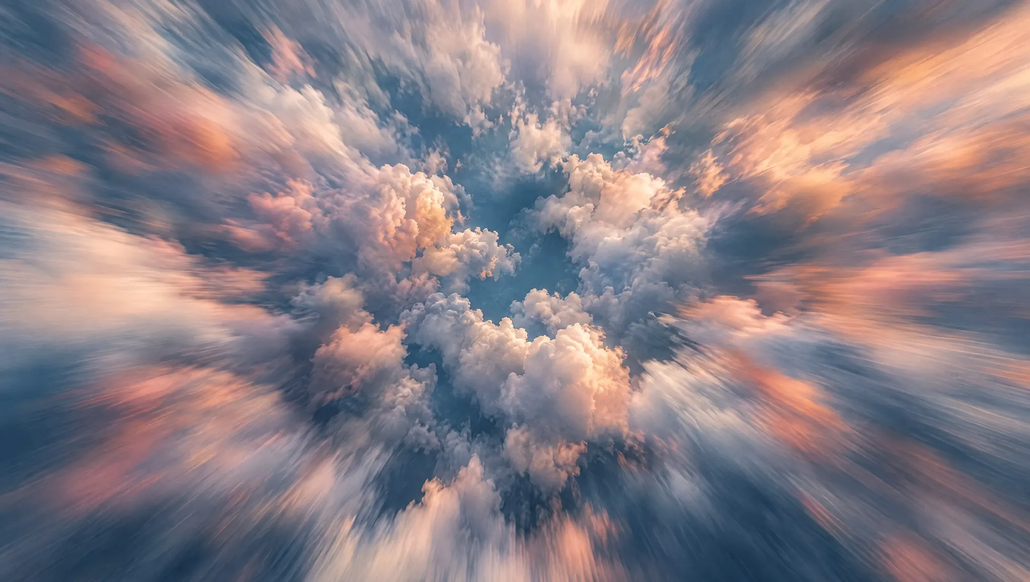 Vue aérienne de nuages roses et bleus, filés vers leur centre.